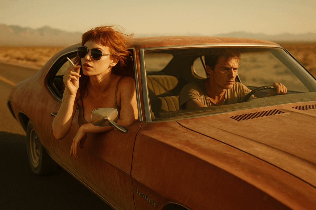 Willie Lyonsan with Lexi in a vintage LeMans – desert highway scene